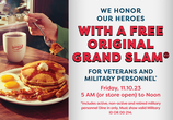 Free Original Grand Slam for Veterans featuring pancakes, eggs, bacon, and sausage links