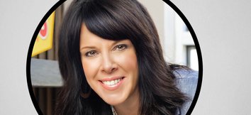 Gray background featuring Denny's CEO Kelli Valade and Women's History Month podcast promotion