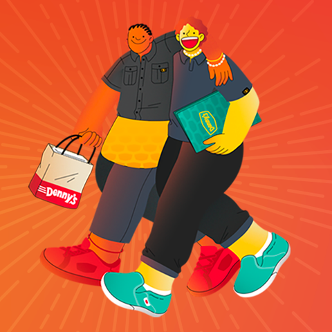 Two illustrated employees carrying Denny's takeout bags and a menu