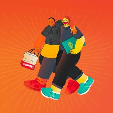 Two illustrated employees carrying Denny's takeout bags and a menu
